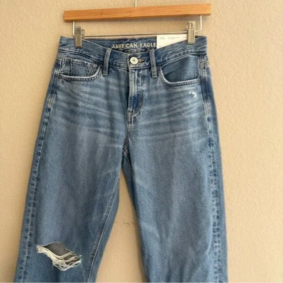 American Eagle Blue 90’s Straight Leg Jeans with Distressed Details Size 25 NWT - Picture 6 of 15